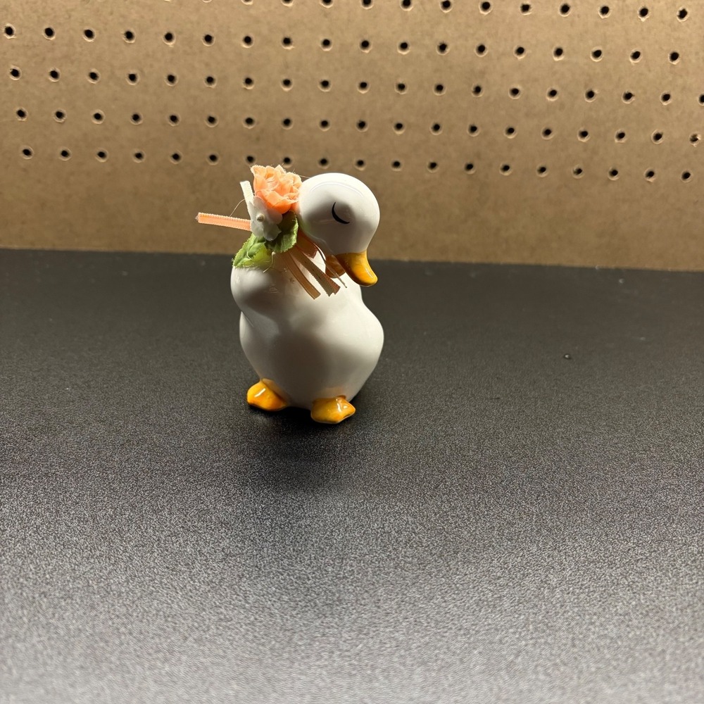 Vintage White Ceramic Duck Figurine with lace & floral accents Country Kitchen